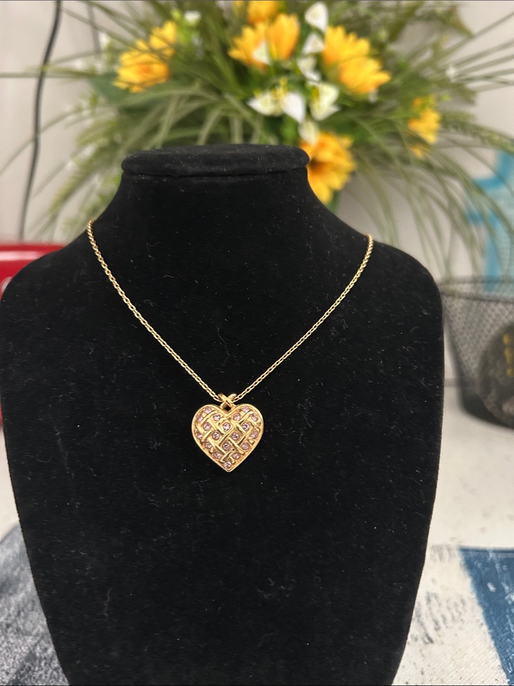 Gold Heart Pendant Necklace with Pink Stones.